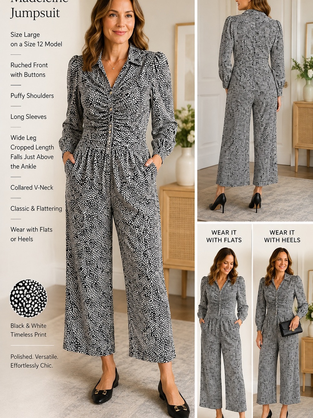 Madeline Black & White Printed Wide-Leg Jumpsuit